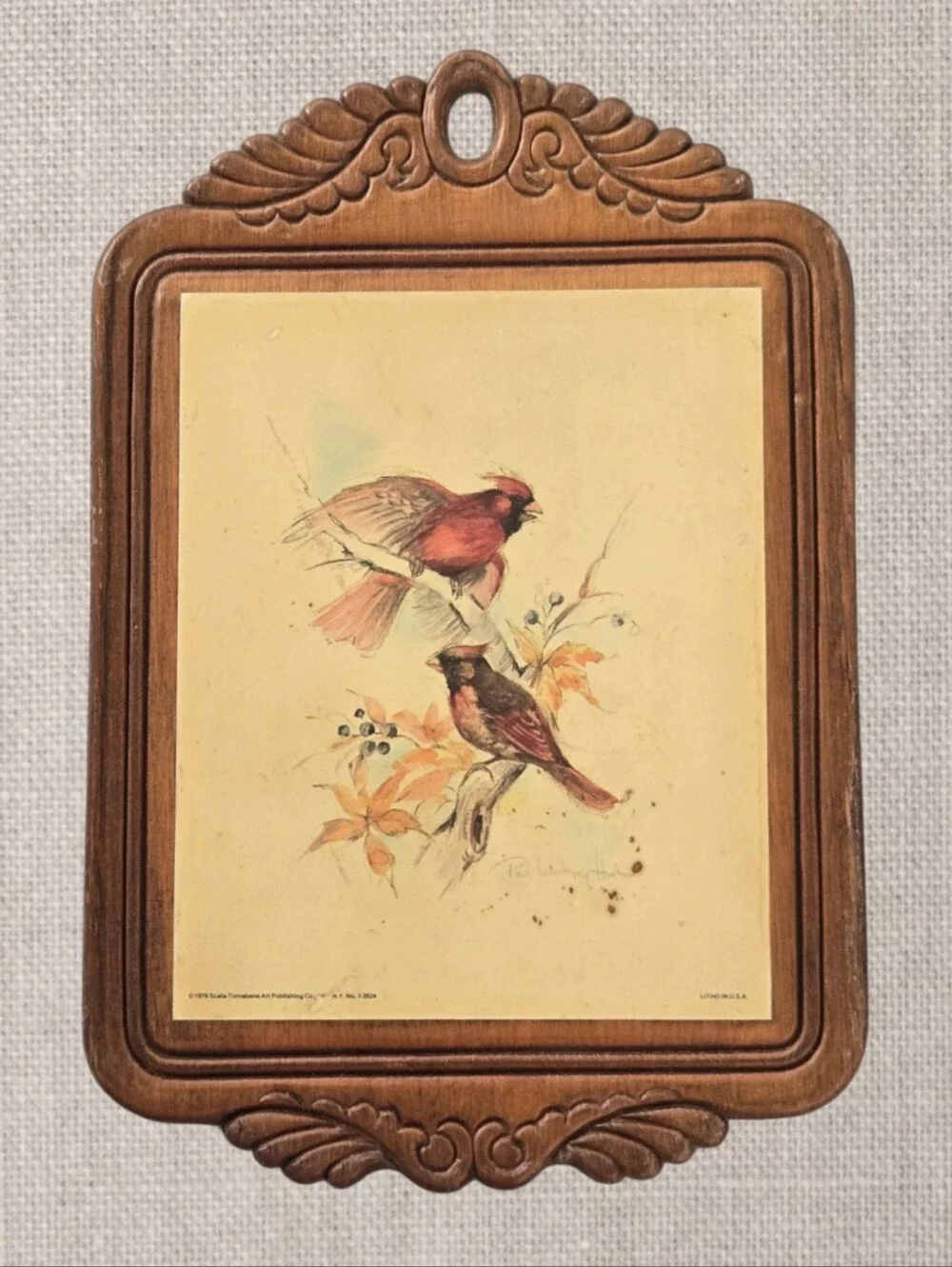 Paul Whitney Hunter Vintage lithograph print small carved wood frame Cardinals